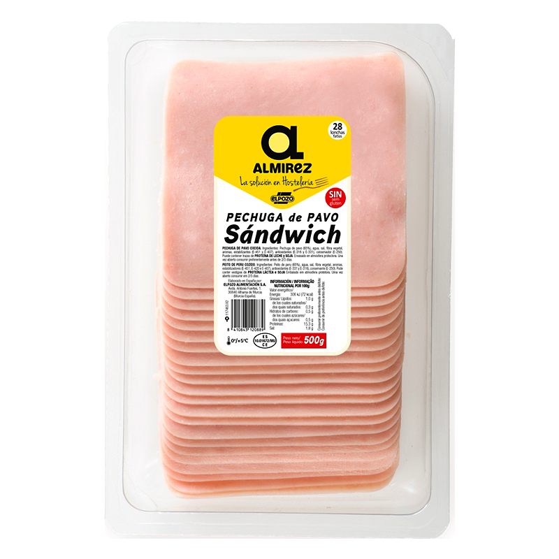 PECHUGA PAVO SANDWICH (11x11) LONCHAS ATM. S/G 6/500gr